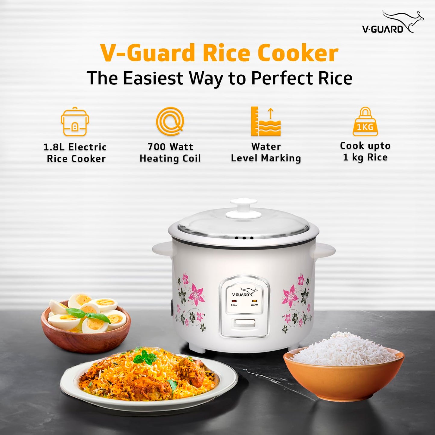 V-Guard VRC 1.8-Litre Electric Rice Cooker with 700 W Power, 2 Pots, Spatula, Rice Separator 5-Yr Heating Plate & 2-Yr Product Coverage Automatic Cooking with Double-Layered Body & Cool Touch Handles.