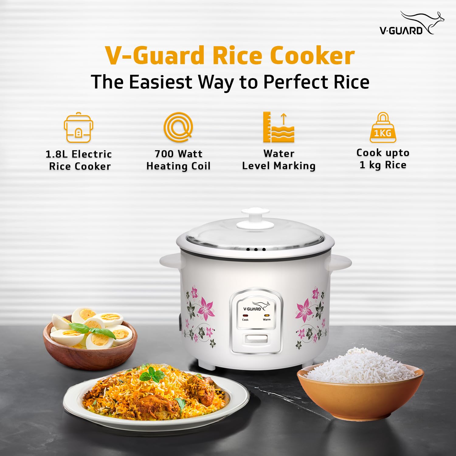 V-Guard VRC 1.8-Litre Electric Rice Cooker with 700 W Power, 2 Pots, Spatula, Rice Separator 5-Yr Heating Plate & 2-Yr Product Coverage Automatic Cooking with Double-Layered Body & Cool Touch Handles.