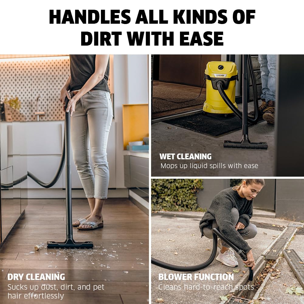 KARCHER Wd 3 V Wet & Dry Vacuum Cleaner, 23 kPa Suction Power, 17L Tank, 1000W Blower Function, Cartridge Filter & Fleece Filter Bag, for Home, Car & Furniture Cleaning, German Tech