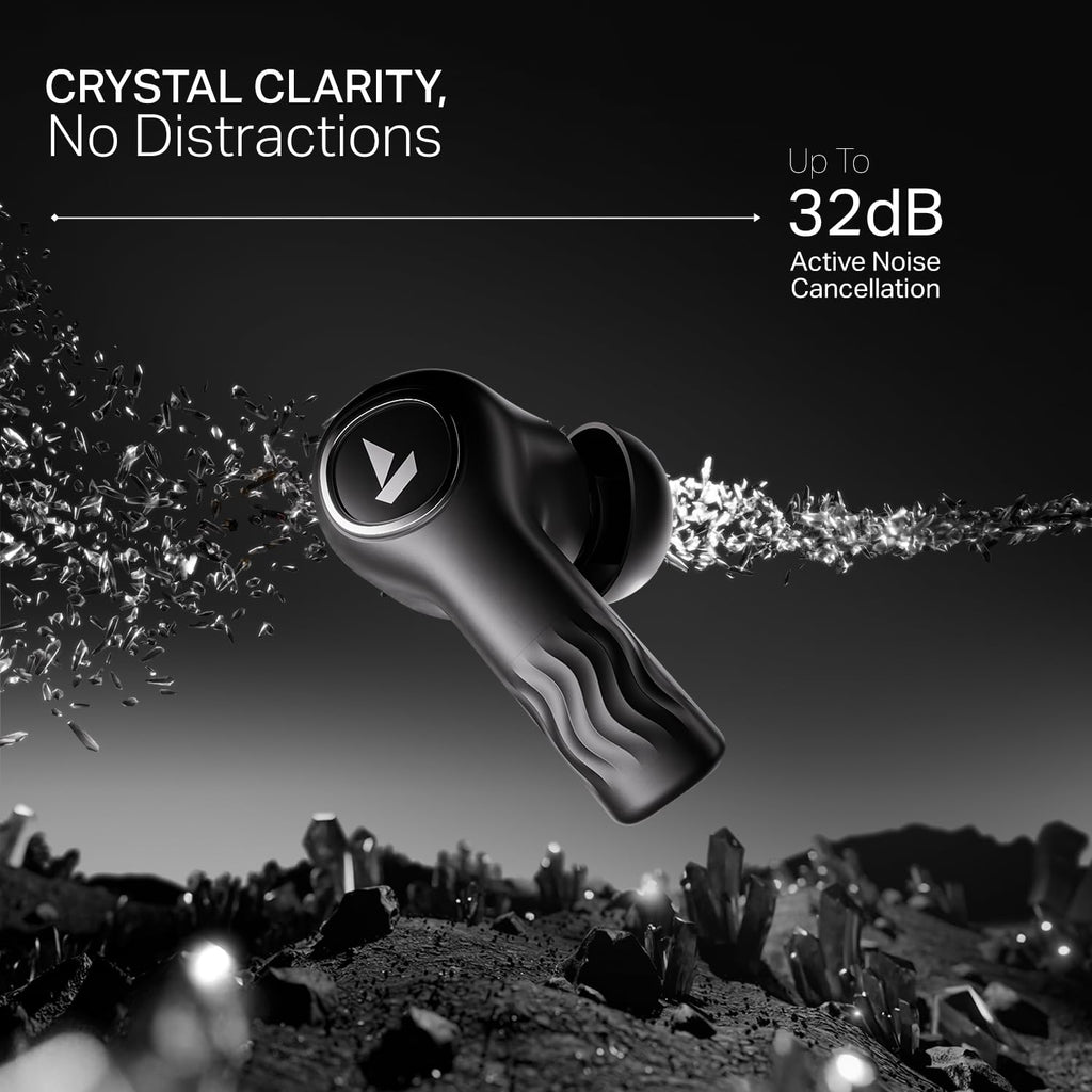 boAt Nirvana Crystl (2025 Launch), Transparent Case,Spatial Audio, ANC(~32dB), 100Hrs Battery,4Mics ENx,App Support, Bluetooth Earbuds, TWS Ear Buds Wireless Earphones with mic (Quantum Black)