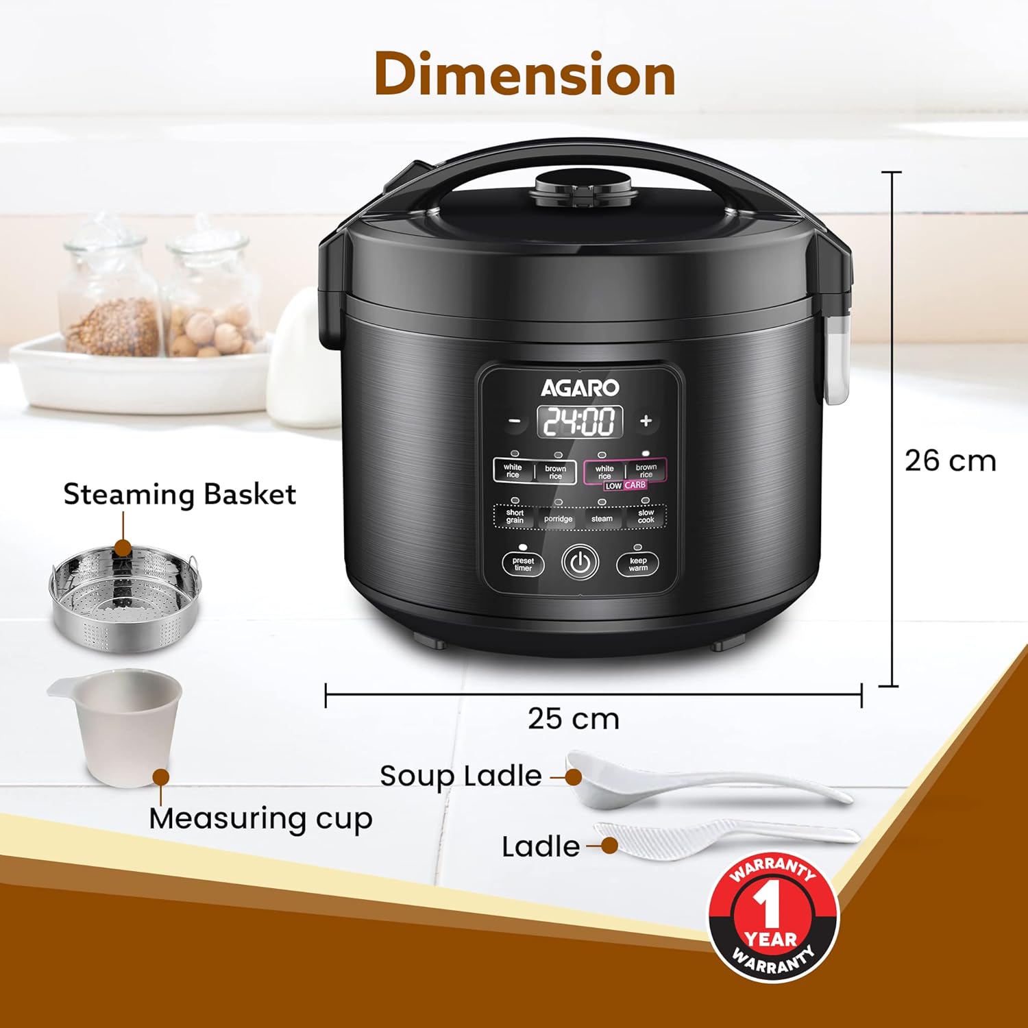 AGARO Regal Electric Rice Cooker, 3 Litres Ceramic Inner Bowl, 750gms (approx. 5 cups) raw rice, SS Steamer, Preset Cooking Functions, Preset Timer, Keep Warm Function, LED Display, Black