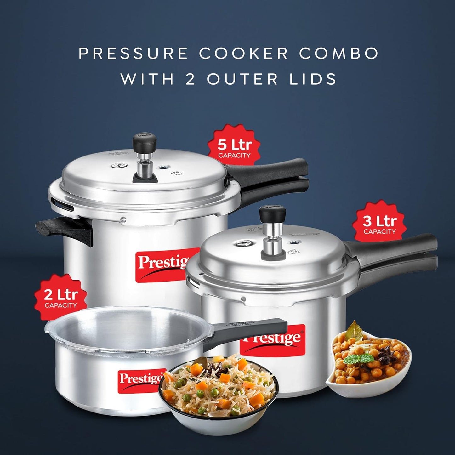 Prestige 2L+3L+5 Litres Popular Max Outer Lid Aluminium Combo Pressure Cooker with 2 Lids |Pressure Indicator | Gas & Induction Compatible |Metallic Safety Plug| Gasket-Release System