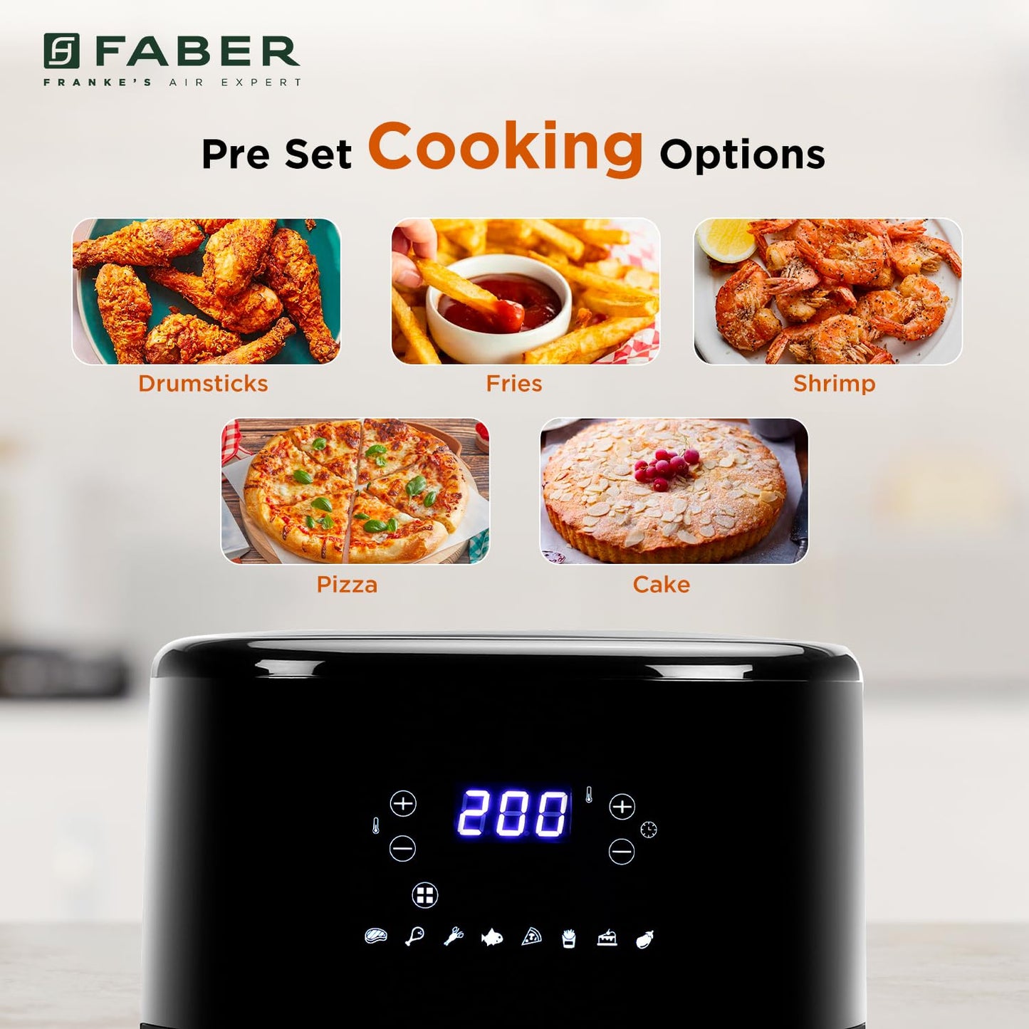 Faber 6L 1500W Digital Air Fryer | Fry, Bake, Roast, Toast, Defrost, Grill & Reheat | 85% Less Oil, 360° Air Cooking | 8-Preset Menu, LED Display & Touch Control, Non-Stick Pan, View Window | (Black)