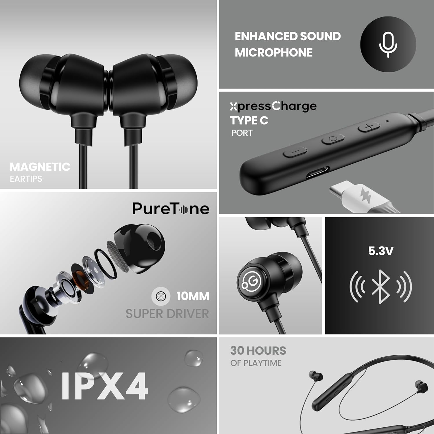 OOGE Tune 8 Neckband Bluetooth Earphones, 30 Hours Playtime, Deep Bass, Type-C Fast Charge, Sweat Resistant, Magnetic Eartips, Sound Pulse Mic (Satin Black)
