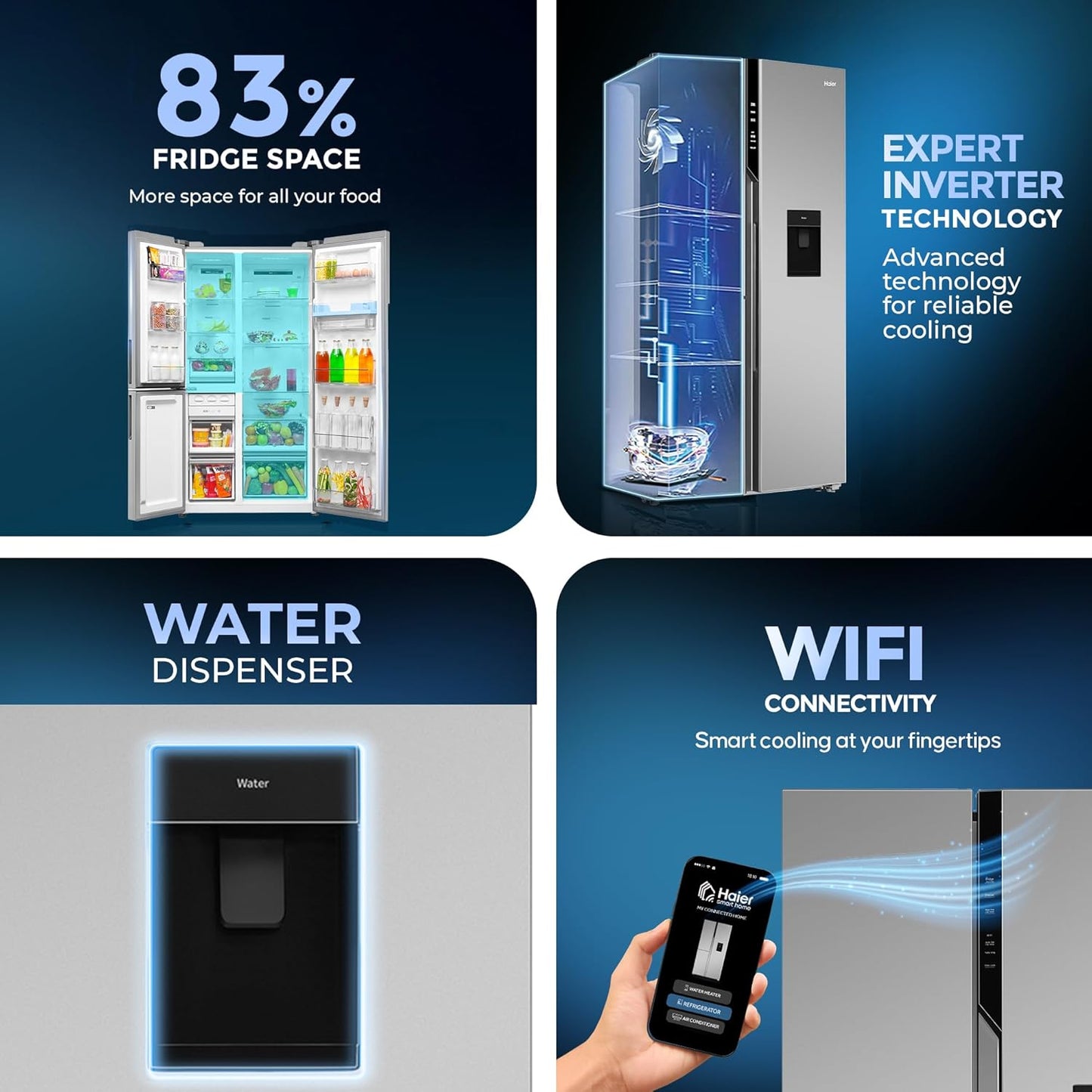 Haier 592L 3Star 3-Door Water Dispenser Side by Side Frost Free Refrigerator|Convertible|Smart Sense AI|Inverter|Digital Display Panel|Deo Fresh Technology (2025 Model, HRT-683WISU1, Inox Steel)