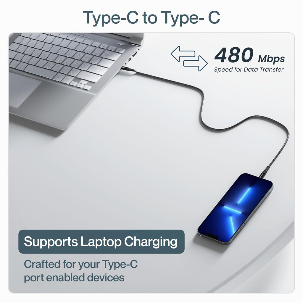 Ambrane Unbreakable 60W Fast Charging 1.5M Braided Type C to Type C Cable for Smartphones, Tablets, Laptops & Other Type C Devices, PD Technology, 480Mbps Data Sync (RCTT15, Black)