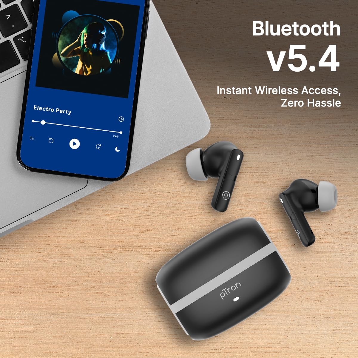 pTron Bassbuds Blaze in-Ear TWS Earbuds w/ 13mm Drivers, 50Hrs Playtime, AI-ENC Clear Calls, Bluetooth V5.4 Wireless Headphones, Touch Control, Voice Assistant, Type C Charging & IPX5 (Black & Grey)
