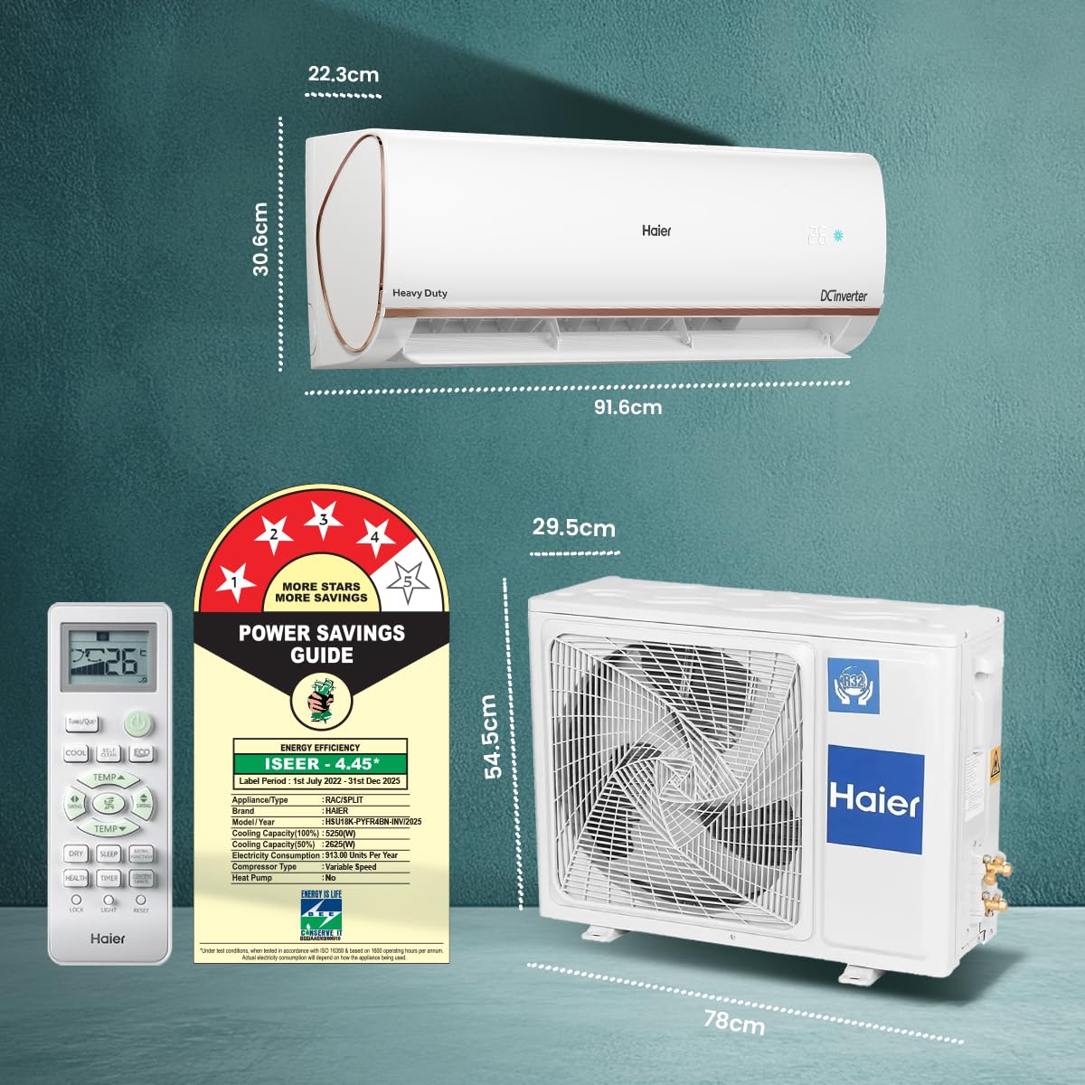 Haier 1.5 Ton 4 Star Triple Inverter Smart Split AC (5250 Watts, Copper, Wi-Fi, 4-Way Swing, 7 in 1 Convertible, Frost Self Clean, HD Filter, Cools at 60°C - HSU18K-PYFR4BN-INV, White)