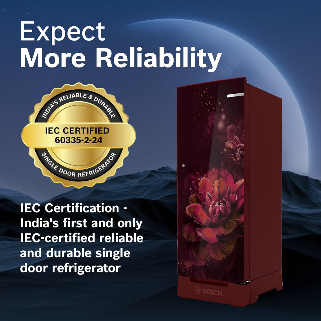 Bosch 187 L, 3 Star, Single Door Refrigerator with Industry's largest base drawer, vegetable box* & Beverage space (CST18W23PI, Wine Flower) 18 Hr Cooling Retention, 2.5x Cooling, Inverter compressor