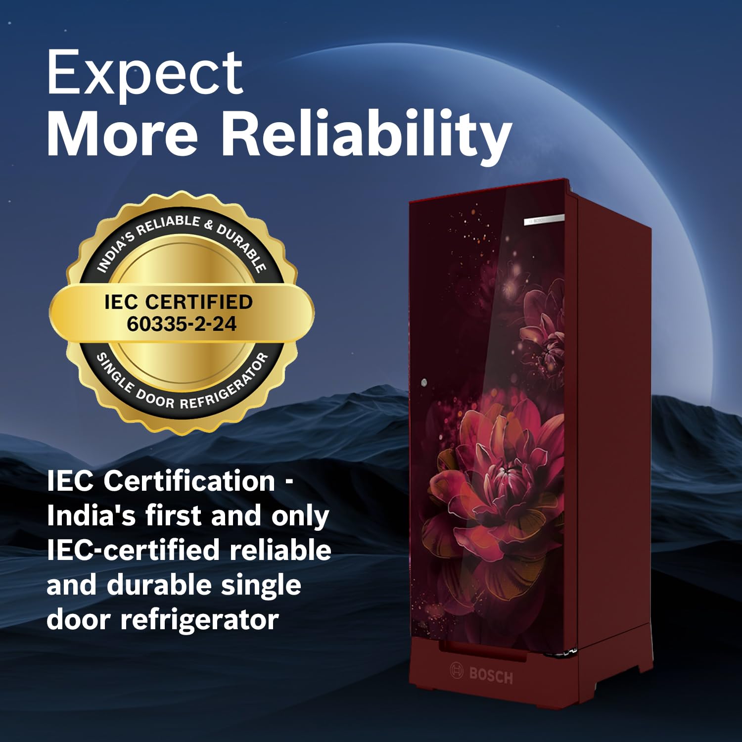 Bosch 187 L, 3 Star, Single Door Refrigerator with Industry's largest base drawer, vegetable box* & Beverage space (CST18W23PI, Wine Flower) 18 Hr Cooling Retention, 2.5x Cooling, Inverter compressor