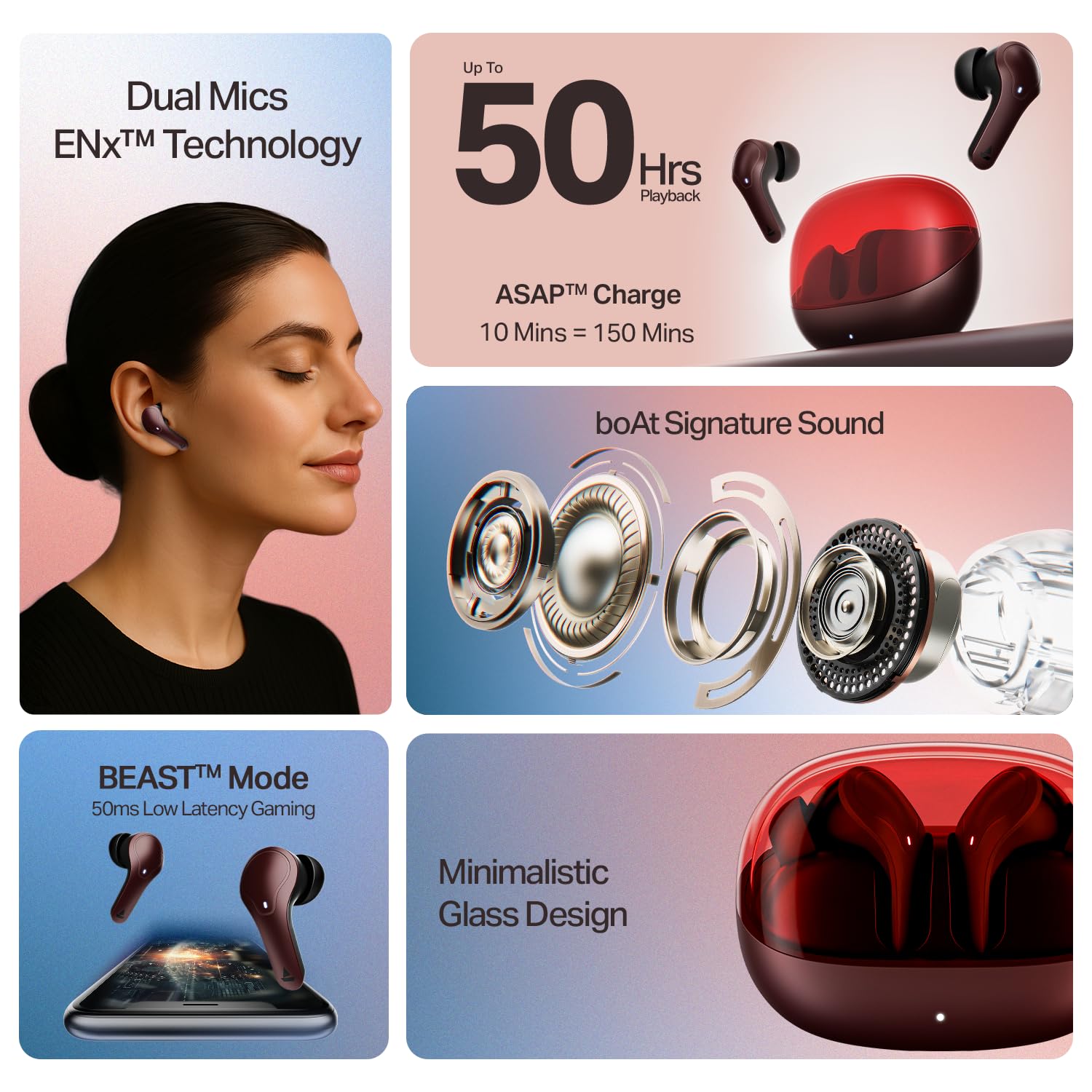 boAt Airdopes Plus 311 (2025 Launch), Glass Design, Dual Mics ENx, Fast Charge, 50 Hrs Battery, Low Latency, IPX4, Bluetooth Earbuds, TWS Ear Buds Wireless Earphones with mic (Crimson Red)