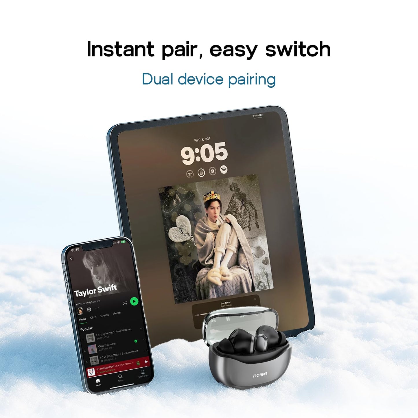 Noise Buds VS601 in-Ear Truly Wireless Earbuds with 50H of Playtime, Transparent case lid, Quad mic ENC, Dual Device Pairing, 10mm Driver, BT v5.3 (Graphite Black)