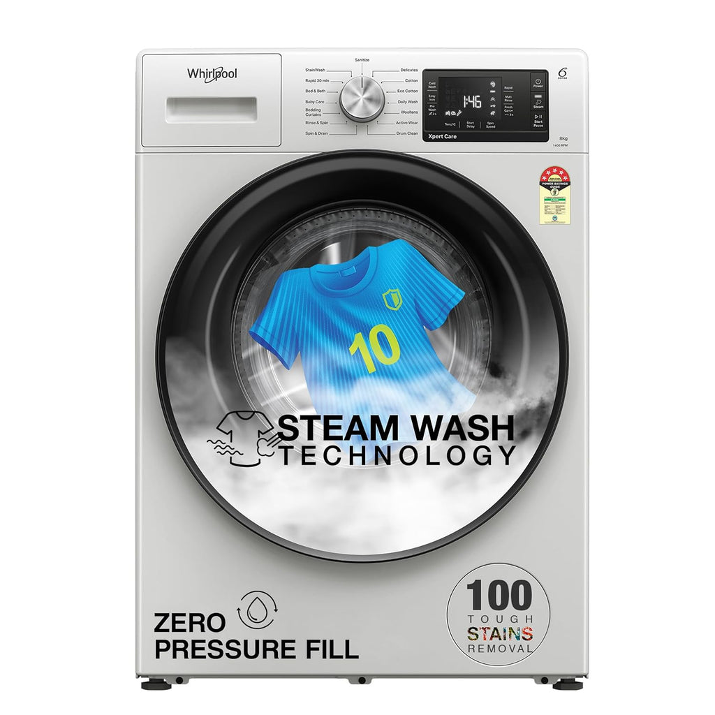 Whirlpool 7 Kg 5 Star Inverter Front Load Washing Machine with In-Built Heater (SUPREME CARE 7012 -E, Midnight Grey, 100+ Tough Stains, Steam Technology, 2025 Model)