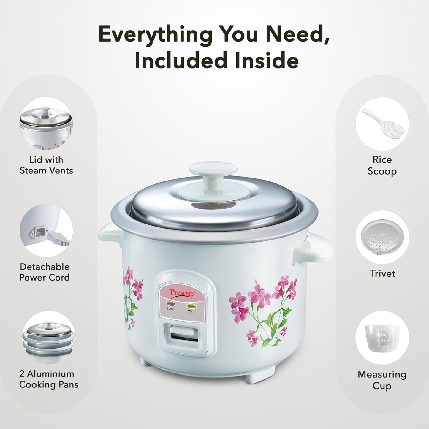 Prestige PRWO 0.6 L Electric Rice Cooker with 2 cooking pans|Detachable power cord|Durable body|Cool touch handles|White| Raw capacity-0.3L|Cooked capacity-0.6 L|Cooks for a family of 1 to 2 members
