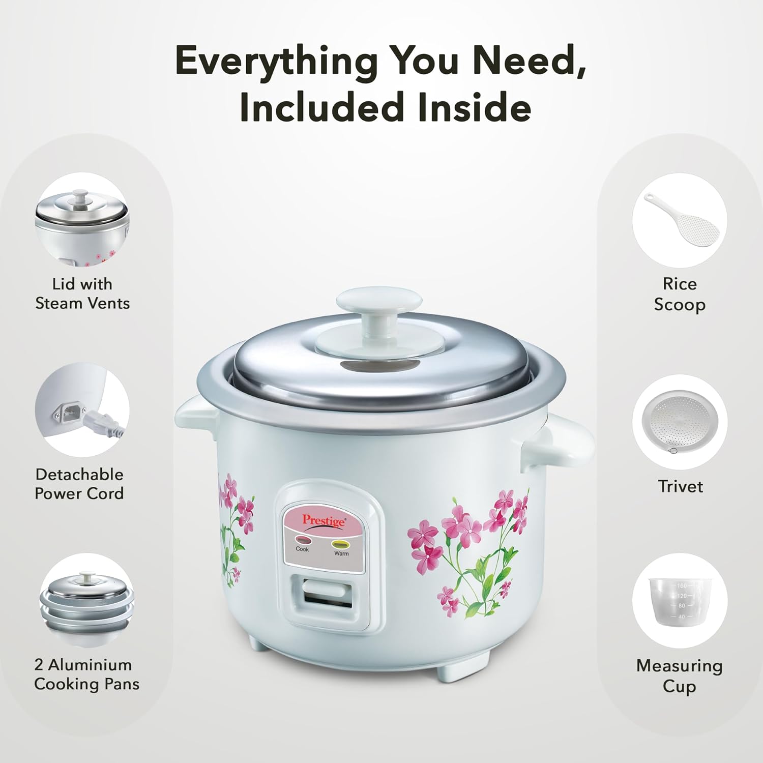 Prestige PRWO 0.6 L Electric Rice Cooker with 2 cooking pans|Detachable power cord|Durable body|Cool touch handles|White| Raw capacity-0.3L|Cooked capacity-0.6 L|Cooks for a family of 1 to 2 members