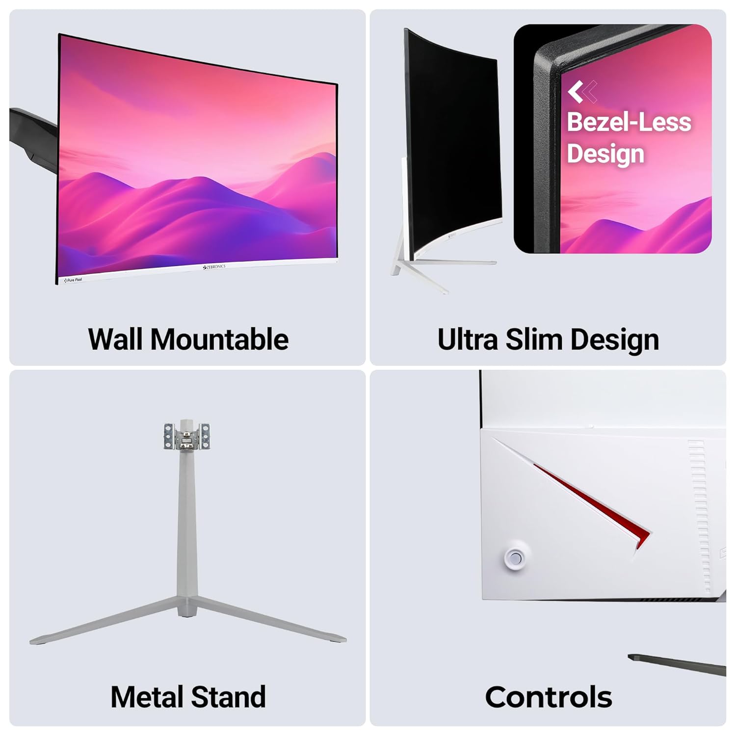 ZEBRONICS AC32FHD LED Curved 75Hz 80Cm (32") (81.28 Cm) 1920x1080 Pixels FHD Resolution Monitor with HDMI + VGA Dual Input, Built-in Speaker, Max 250 Nits Brightness, Black