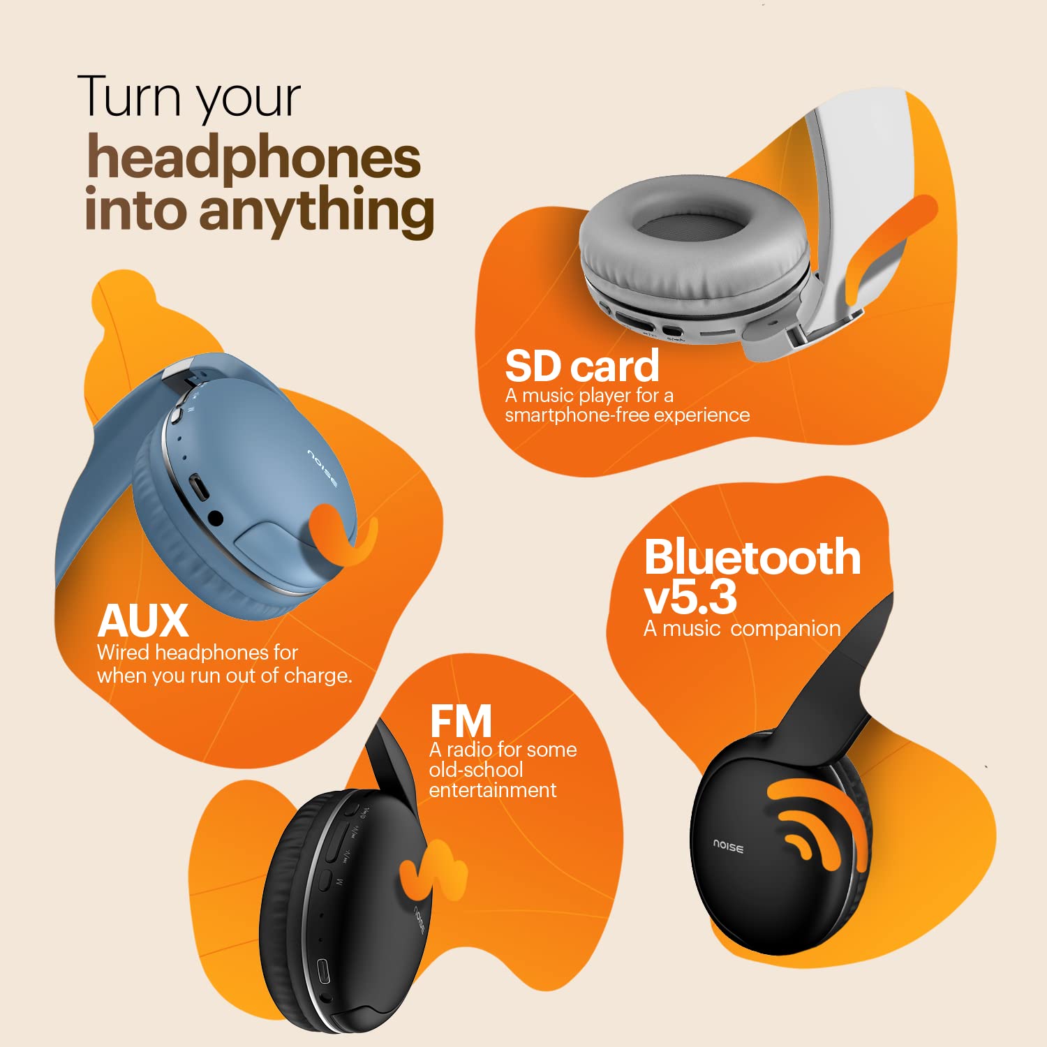 Noise Two Wireless On Ear Headphones with 50 Hours Playtime, Low Latency(up to 40ms), 4 Play Modes, Dual Pairing, BT v5.3 (Bold Black)