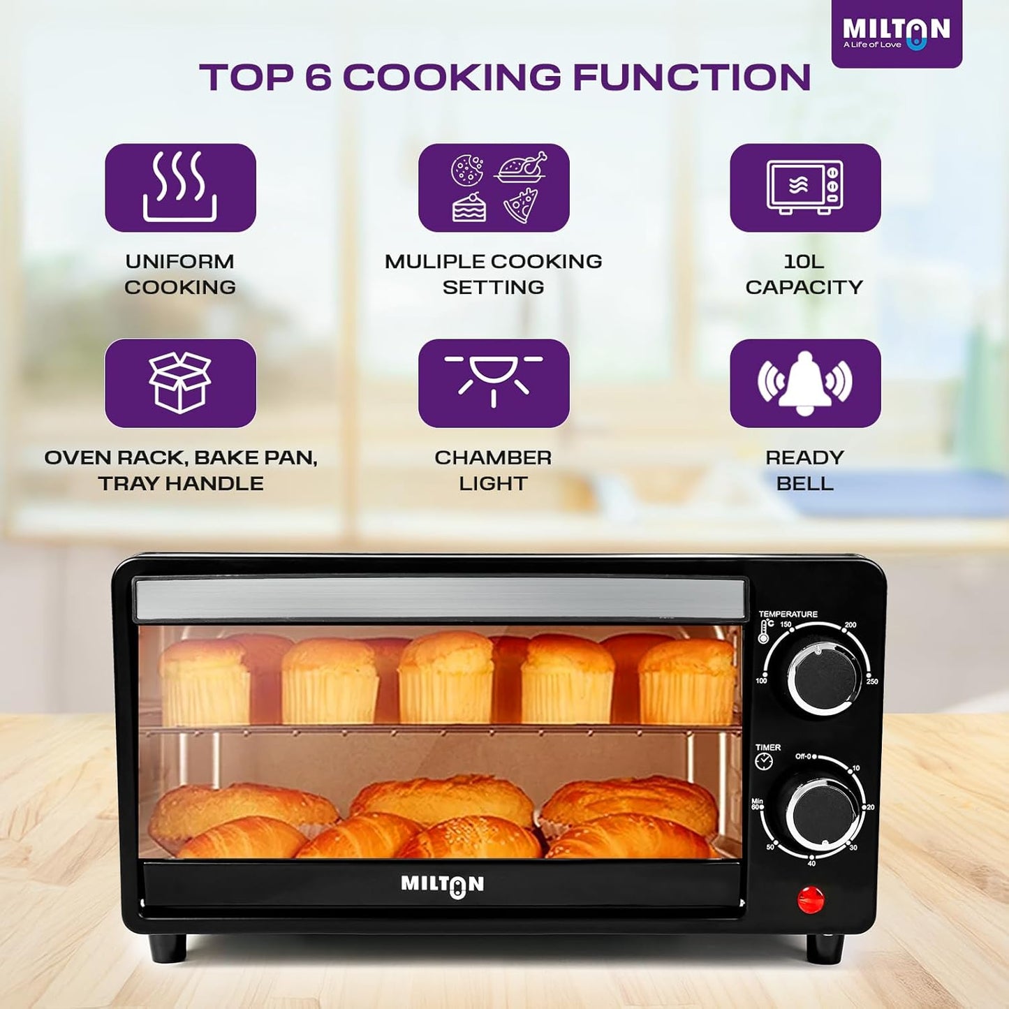 Milton 10L OTG Oven Toaster Griller for Kitchen | 800W | Royal Black Finish | Auto Shut-Off | 250°C Thermostat | Timer, Bell & Tempered Glass | Easy to Clean | Includes Grill Rack & Baking Tray