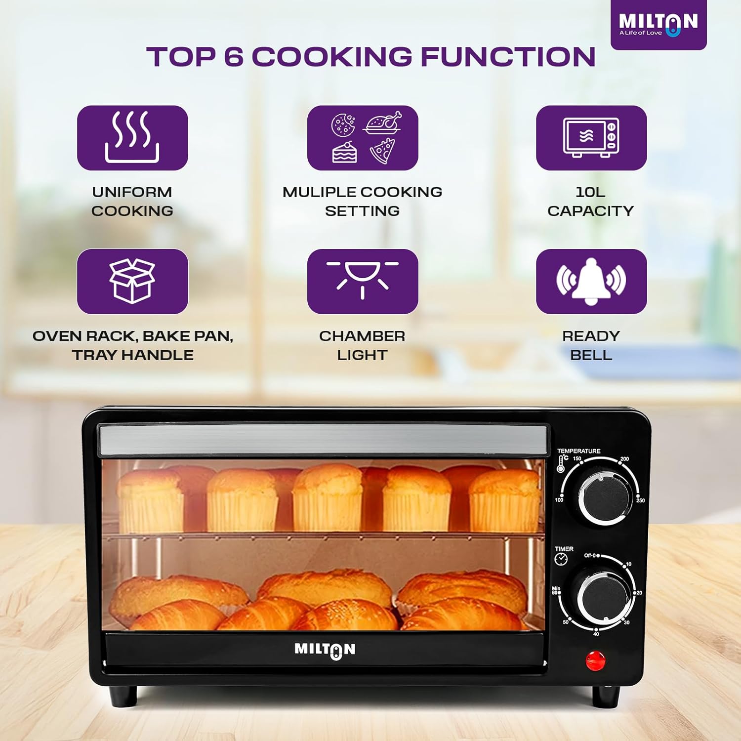 Milton 10L OTG Oven Toaster Griller for Kitchen | 800W | Royal Black Finish | Auto Shut-Off | 250°C Thermostat | Timer, Bell & Tempered Glass | Easy to Clean | Includes Grill Rack & Baking Tray