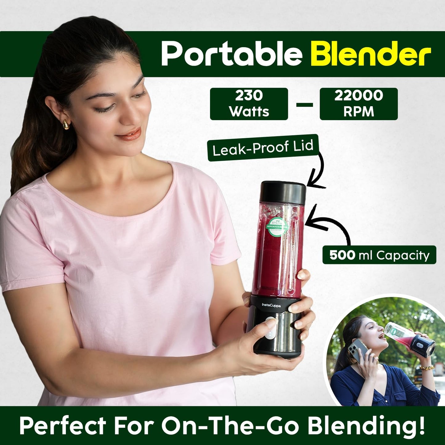 InstaCuppa Stainless Steel Portable Blender for Smoothies & Juices,Mixer Juicer that Crushes Ice,Electric Shaker USB Rechargeable Battery with 4000 mAh 230 Watts Motor,500 ML Juice Maker,Black