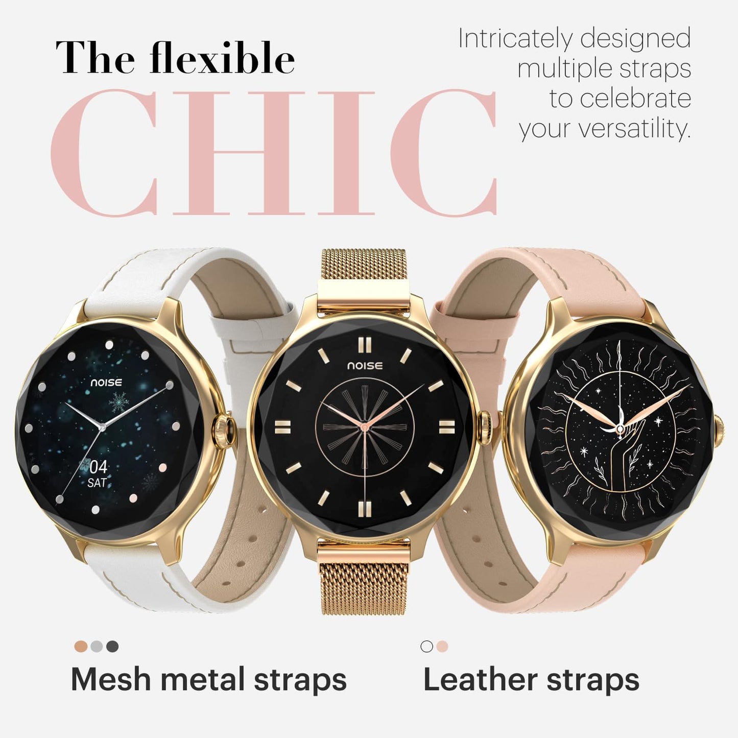 Noise Diva Smartwatch with Diamond Cut dial, Glossy Metallic Finish, AMOLED Display, Mesh Metal and Leather Strap Options, 100+ Watch Faces, Female Cycle Tracker Smart Watch for Women (Gold Link)