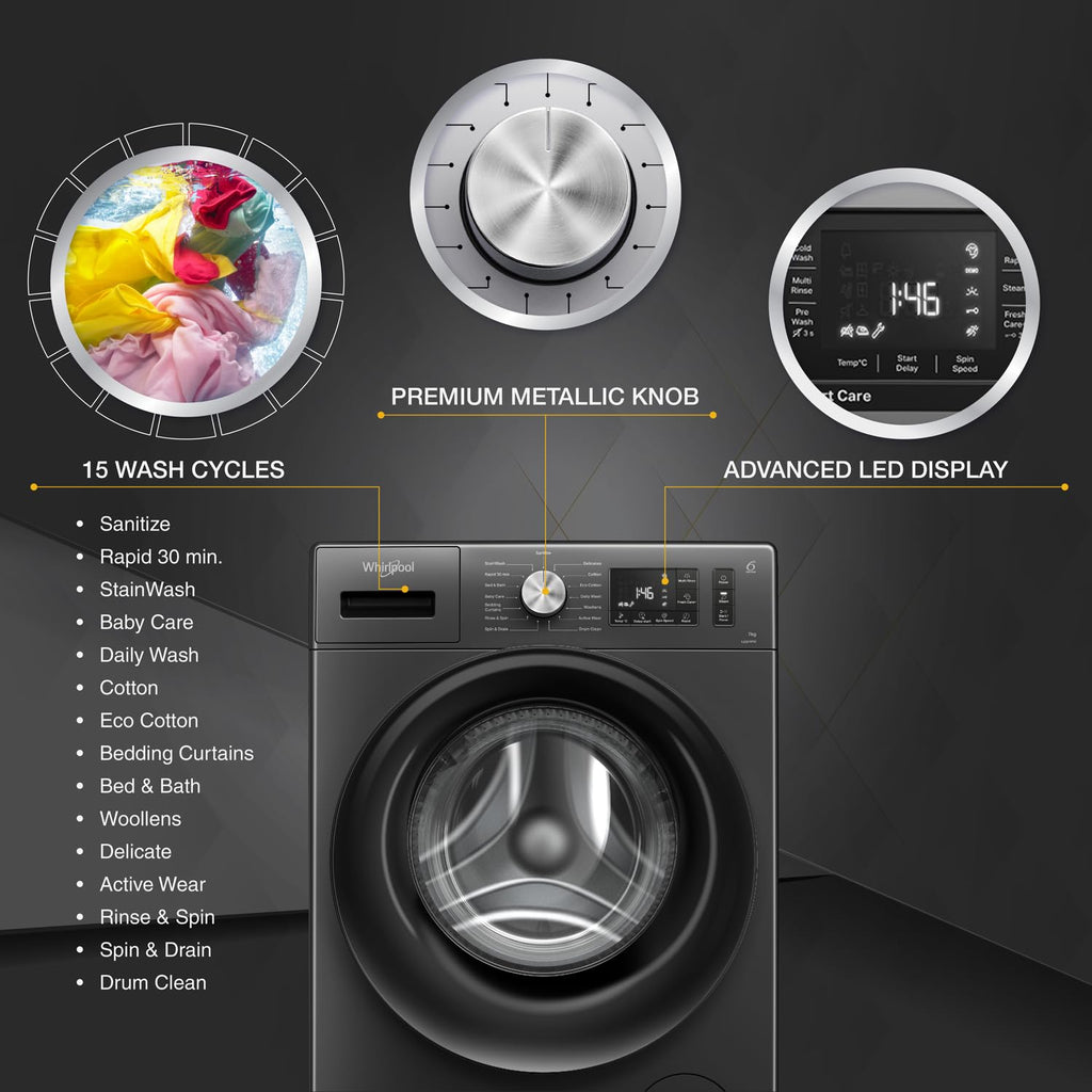 Whirlpool 7 Kg 5 Star Inverter Front Load Washing Machine with In-Built Heater (SUPREME CARE 7012 -E, Midnight Grey, 100+ Tough Stains, Steam Technology, 2025 Model)