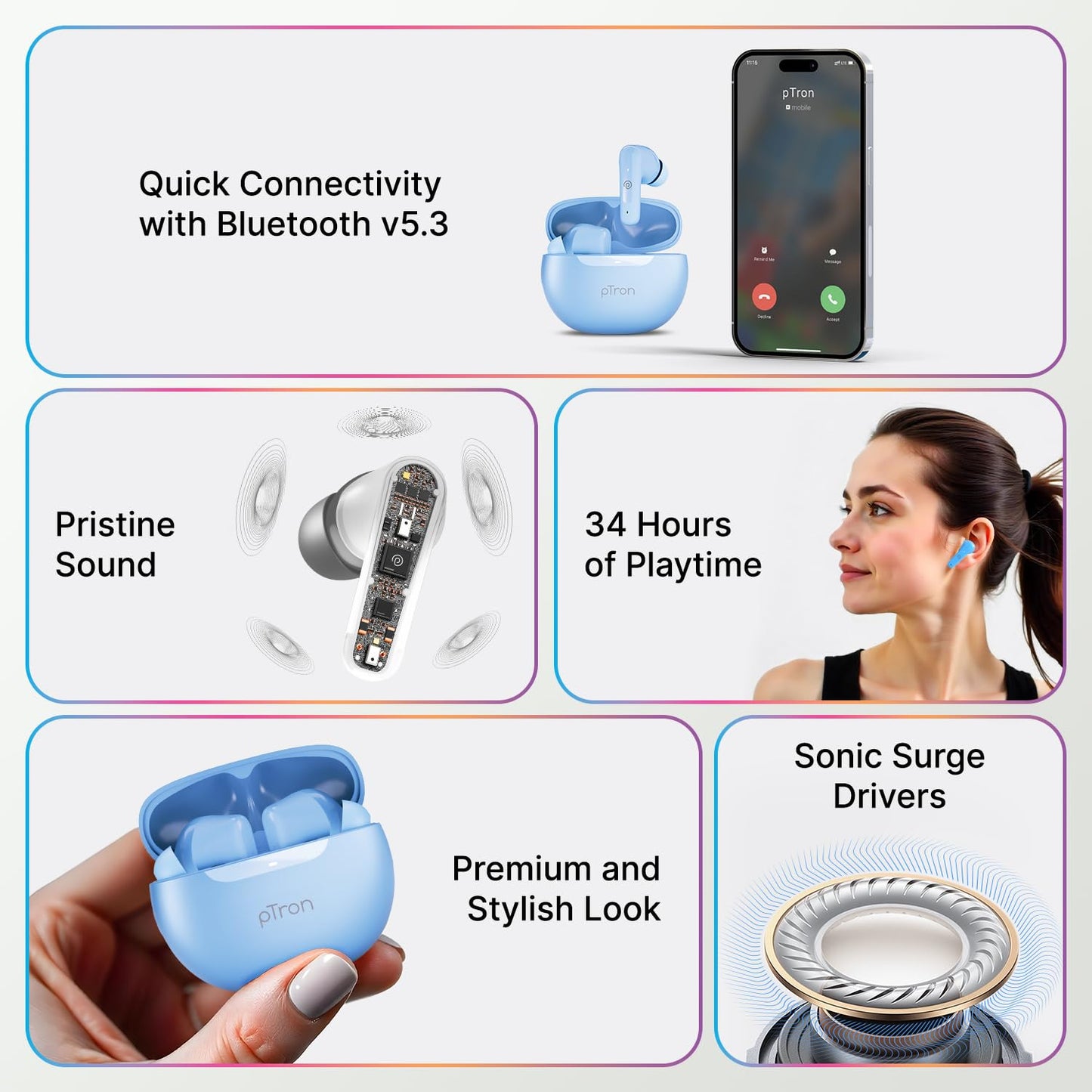 pTron Bassbuds Astra in-Ear TWS Earbuds with Stereo Sound, 34Hrs Playtime, Stereo Calls, Bluetooth V5.3 Headphone with Quick Pairing, Touch Control, Voice Assist, Type C Charging & IPX4 (Light Blue)