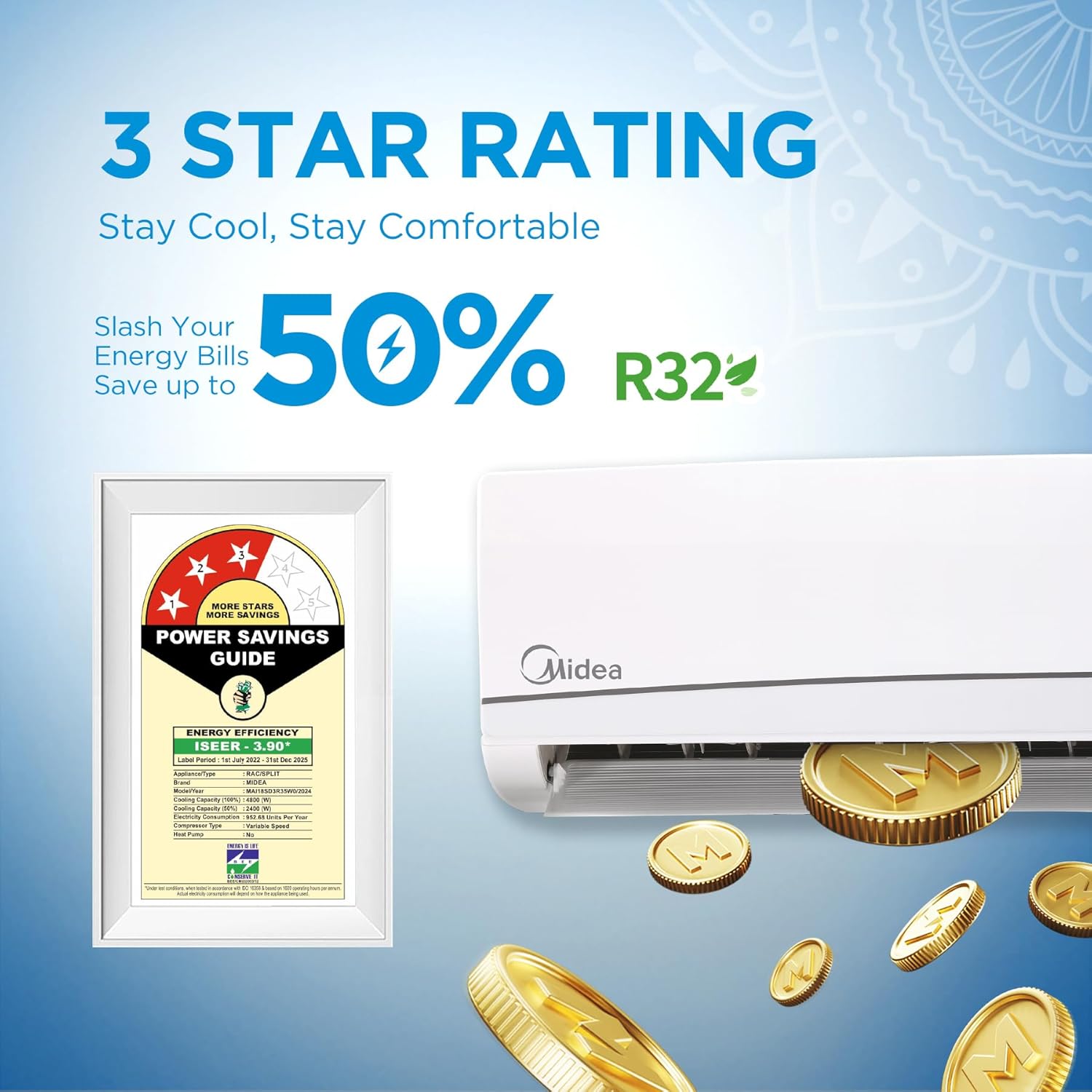 Midea 1.5 Ton 3 Star, AI Smart Wi-Fi Inverter Split AC (100% Copper, Convertible 4-in-1 Cooling at 52℃, HD PM2.5 Filter, SANTIS NEO DLX (Wi-Fi), MAI18SD3R35W0,White)