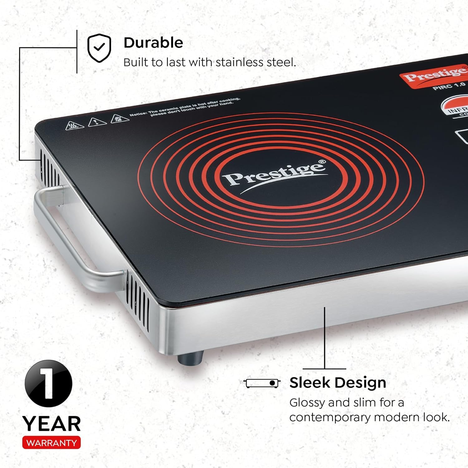 Prestige Infrared Cooktop PIRC 1.0 | 2200W, Stainless Steel & Ceramic | Adjustable Temperature Control | Cool Touch Handle | 1-Year Warranty | Black