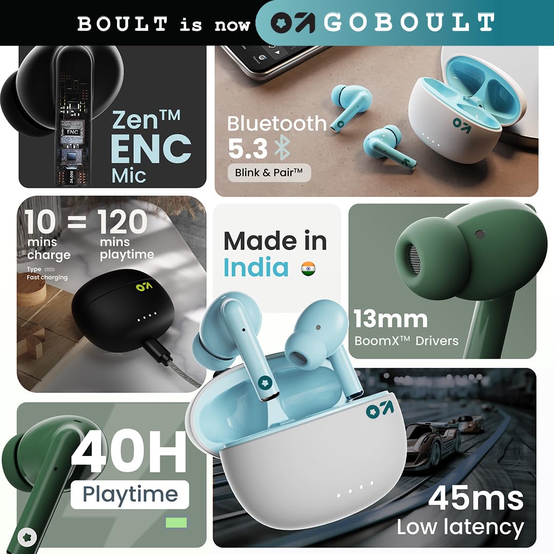 GOBOULT W20 Truly Wireless in Ear Earbuds with 40H Playtime, Zen™ ENC Mic, 45ms Low Latency, 13mm Bass Drivers, Type-C Fast Charging, Touch Control, IPX5 Ear Buds TWS (Glacier Blue)