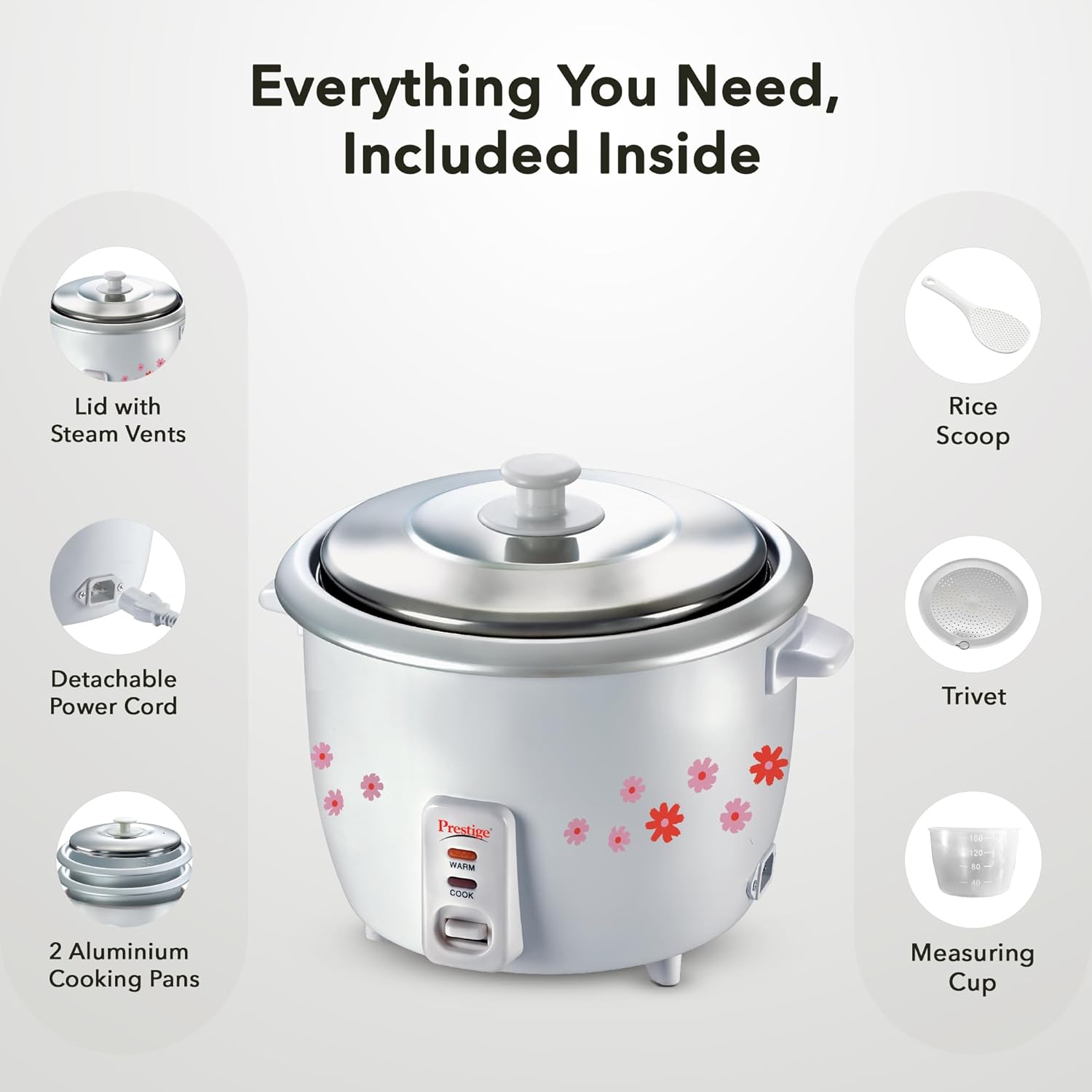 Prestige PRWO 1.8-2 Electric Rice Cooker| 2 Aluminium Cooking Pans | Stainless Steel Lid | Grey/White | Cool Touch Handles | Detachable Power Cord | 700- Watt|1.8 Litres