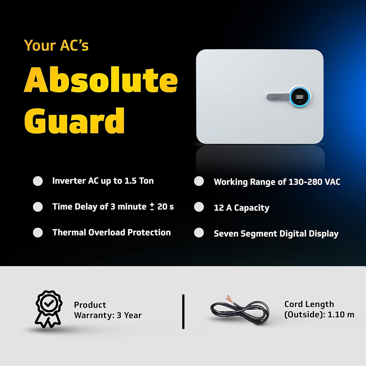 V-Guard iD4 Ace 5540 AC Stabilizer for 1.5 ton Inverter AC | Digital Display with Colour Changing LED Rings | Intelligent Time Delay System| 3 Year Warranty | White (Working Range 130-280 VAC)