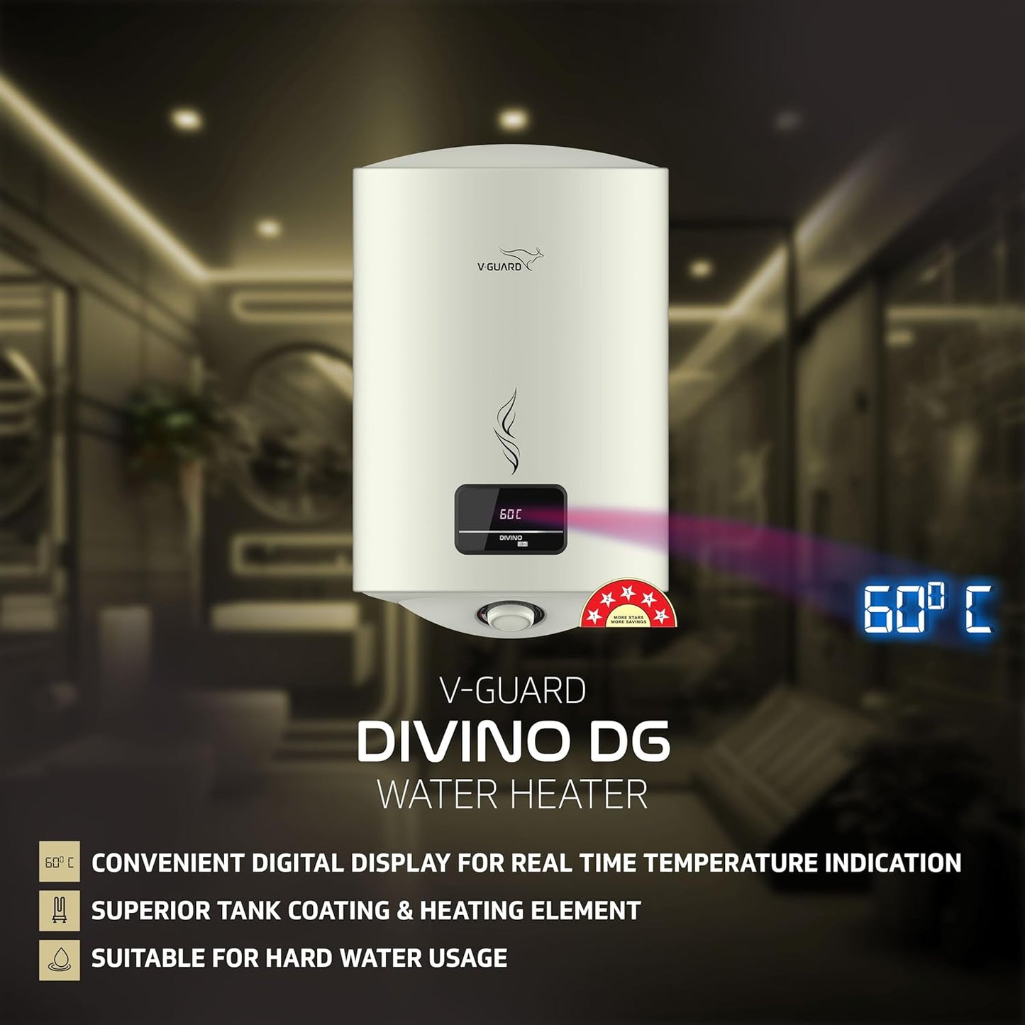 V-Guard Divino DG Geyser 15 Litre Water Heater with Digital Display | Suitable for Hard Water | Energy Efficient 5 Star Rating | Advanced 4 layered Safety | 5 Year Inner Tank Warranty by V-Guard