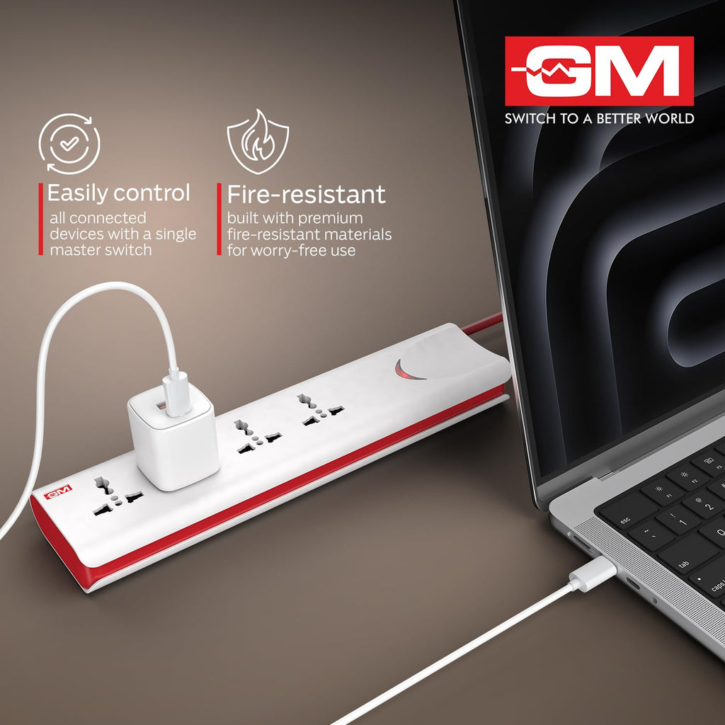 GM 3060 Extension Board 10Amp Output 250 Volts with 2 Mtr Extension Cord & Surge Protector | Master Switch, Safety Shutter, 4 International Sockets | Multi Plug Travel Adapter for Home Appliances