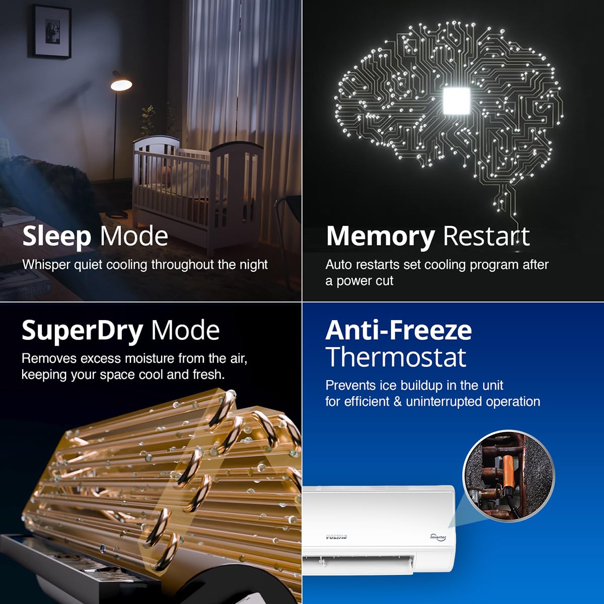 Voltas 1.5 ton 3 Star, Inverter Split AC (Copper, 4-in-1 Adjustable Mode, Anti-dust Filter,183V Vectra CAW, White)