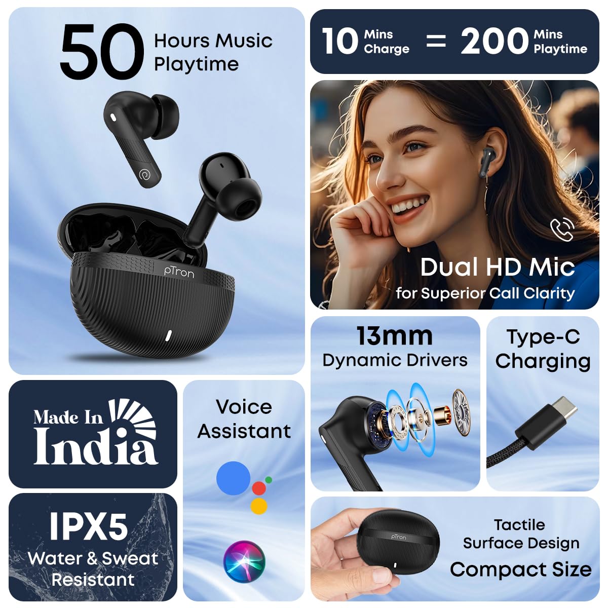 pTron Bassbuds Fury in-Ear TWS Earbuds with 13mm Drivers, 50Hrs Playtime, AI-ENC Clear Calls, Bluetooth V5.4 Wireless Headphones, Voice Assistant, Type C Charging & IPX5 Water Resistant (Black)