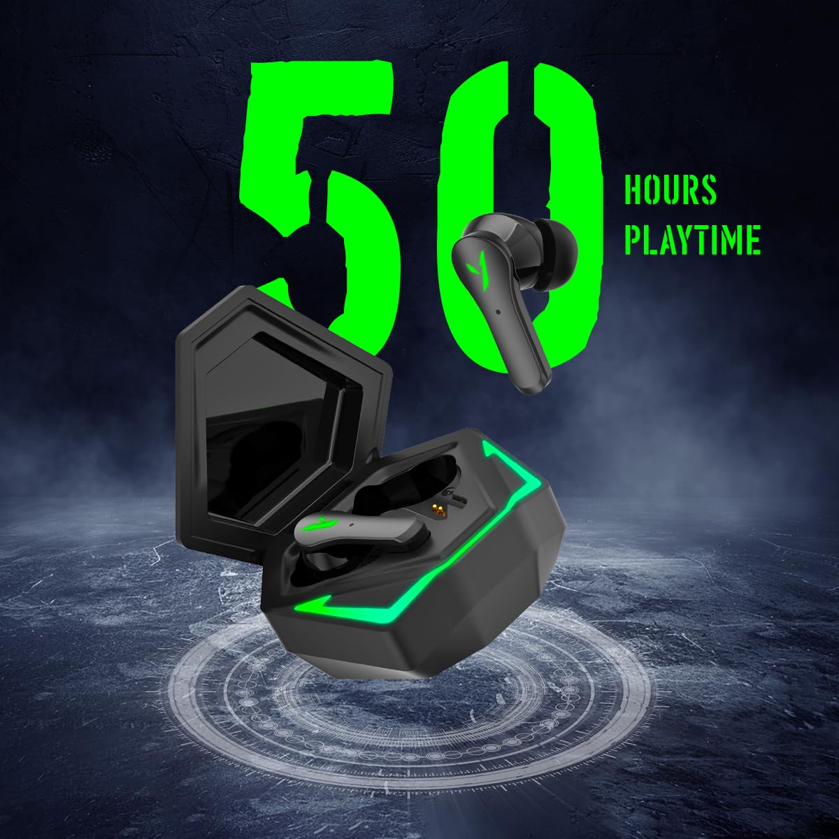 pTron Bassbuds Rogue W/ 40Ms Low-Latency Gaming,Clear Calls,50Hrs Playtime,Pristine Sound,V5.3 Bluetooth in Ear Headphones,Snug-Fit,RGB Lights,Touch Control,Voice Assist,IPX5 Water Resistant(Black)
