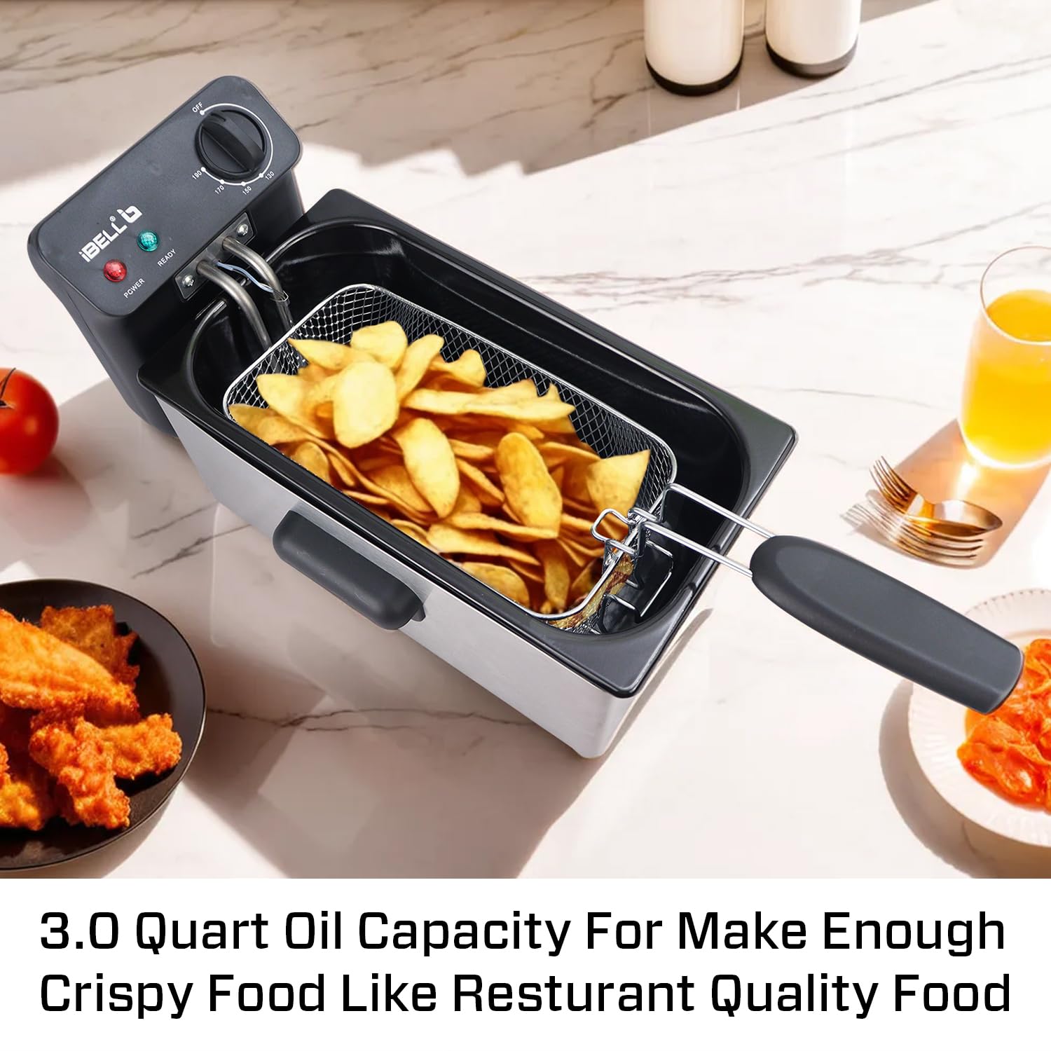 iBELL DF310M Electric Deep Fryer 3 Litre Stainless Steel 2000W with Variable Temperature Control Lid (Silver)