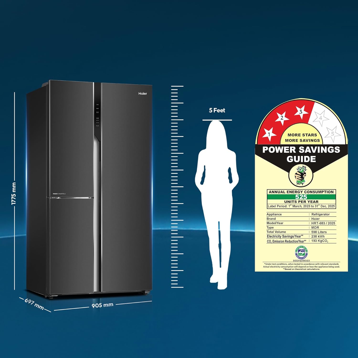 Haier 598L 3 Star 3-Door Side by Side Frost Free Refrigerator | Expert Inverter Technology | Digital Display Panel | Jumbo Ice Maker | Deo Fresh Technology (HRT-683GK, Graphite Black)