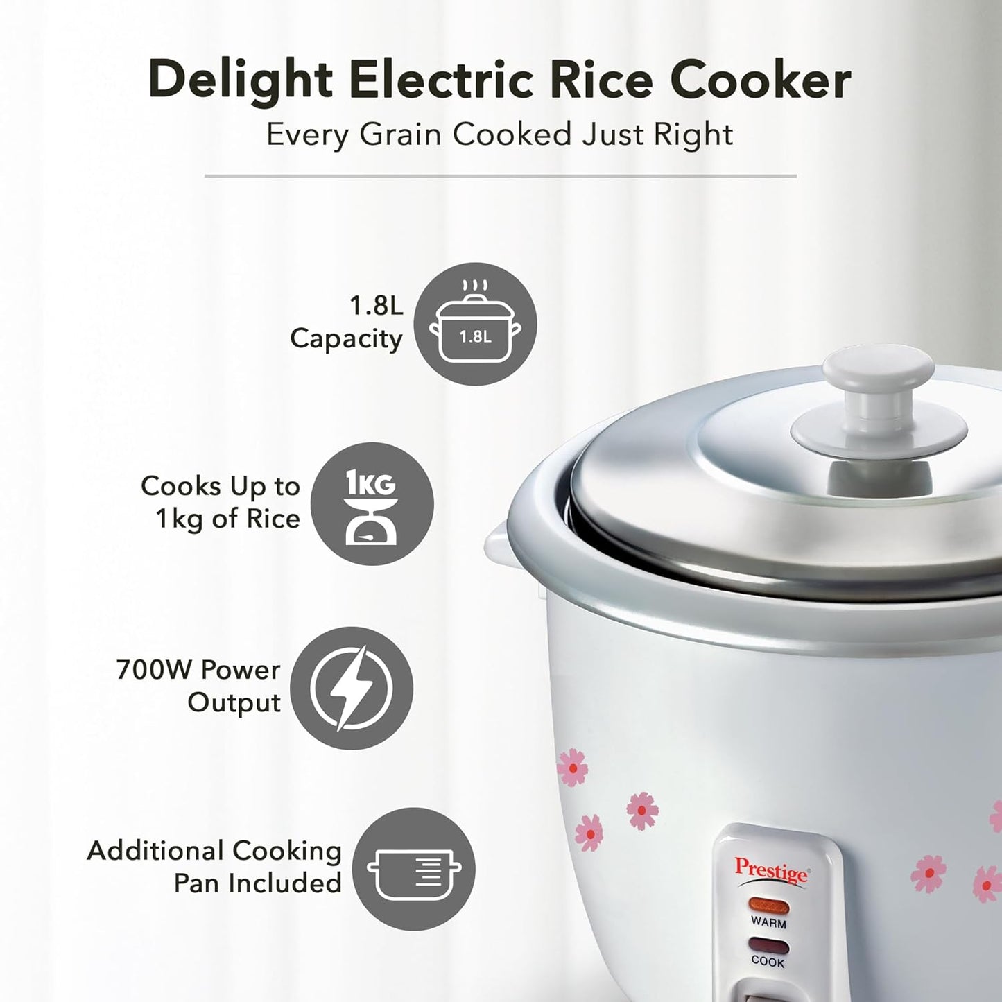 Prestige PRWO 1.8-2 Electric Rice Cooker| 2 Aluminium Cooking Pans | Stainless Steel Lid | Grey/White | Cool Touch Handles | Detachable Power Cord | 700- Watt|1.8 Litres