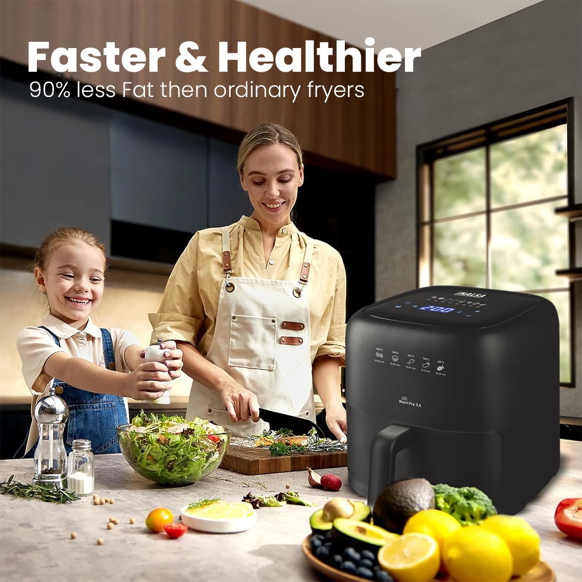 INALSA Air Fryer 3.5 ltr|1400 W with Air Crisp Technology|Temperature & Timer Control|8 Preset Menu & Digital Display|Air fry, Bake,Roast,Reheat,Dehydrate|Airfryer Recipe book-NutriFry 3.5