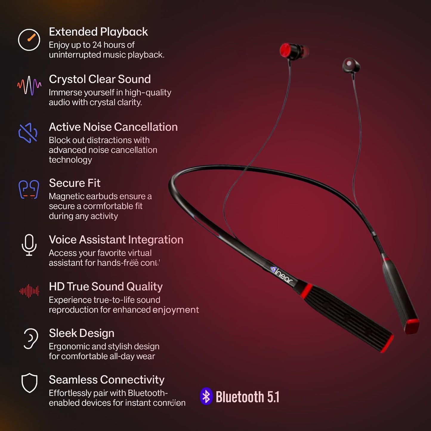InEar MJ-Beat Bluetooth Wireless Neckband Earphones with Mic – Active Noise Cancellation, 24-Hour Music Playback, Type-C Fast Charging, Magnetic Earbuds, Lightweight Design, HD Sound | Red