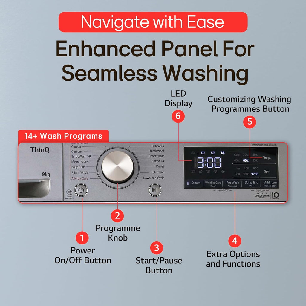 LG 9 Kg, 5 Star, AI Direct Drive Technology, Wi-Fi, Steam+ with Wrinkle Care, Fully Automatic Front-Loading Washing Machine (FHP1209Z7P, Intelligent & Convenient Fabric Care, Allergy Care, Platinum)