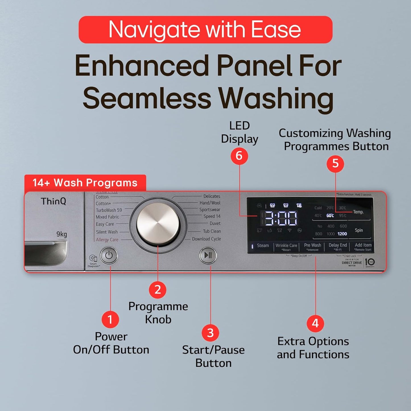 LG 9 Kg, 5 Star, AI Direct Drive Technology, Wi-Fi, Steam+ with Wrinkle Care, Fully Automatic Front-Loading Washing Machine (FHP1209Z7P, Intelligent & Convenient Fabric Care, Allergy Care, Platinum)