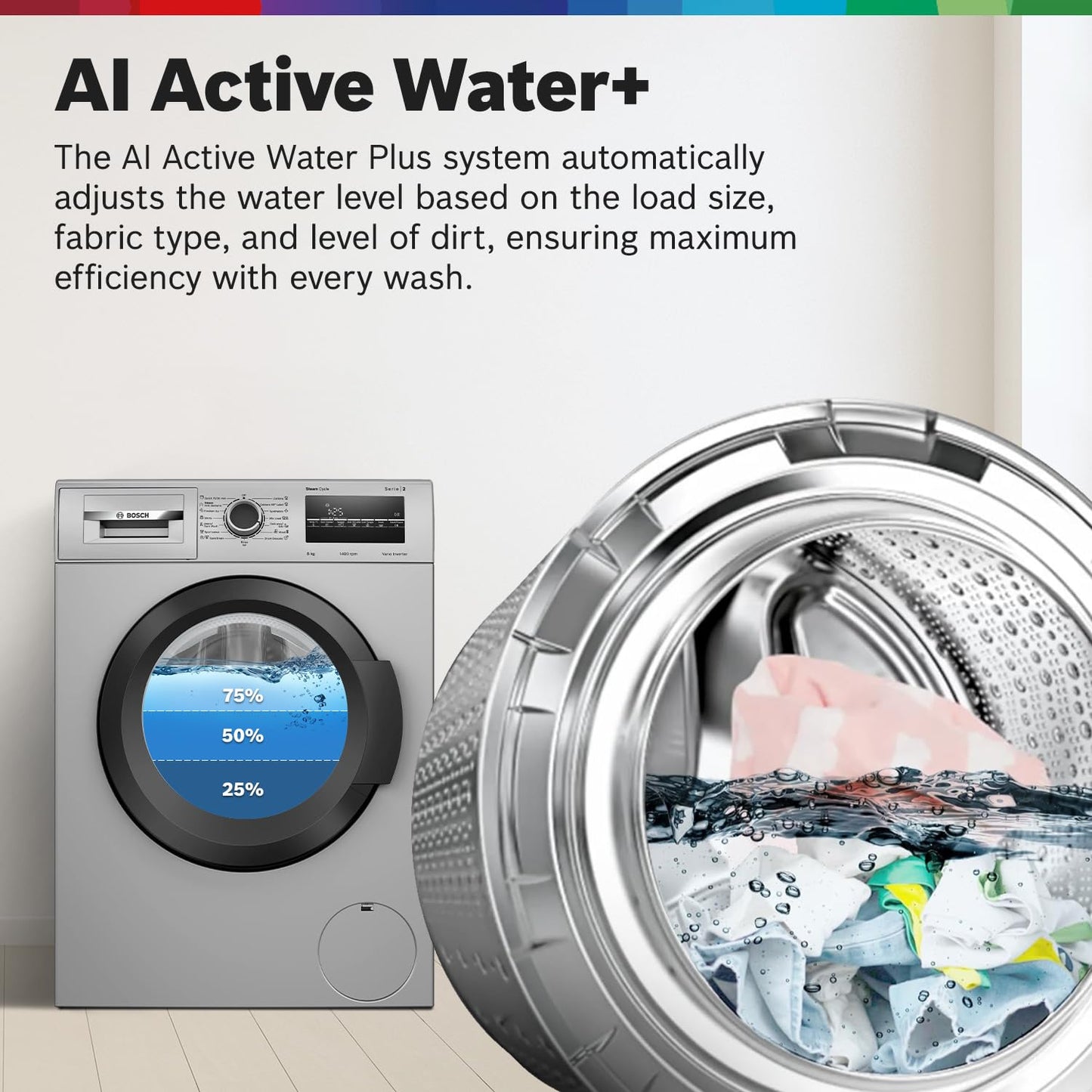 Bosch 8 kg, 5 Star, AI Active Water+, Anti-Tangle, Steam Anti Bacterial, Anti-Wrinkle Fully-Automatic Front Loading Washing Machine (WAJ2826BIN, In-Built Heater, Shiny Silver)