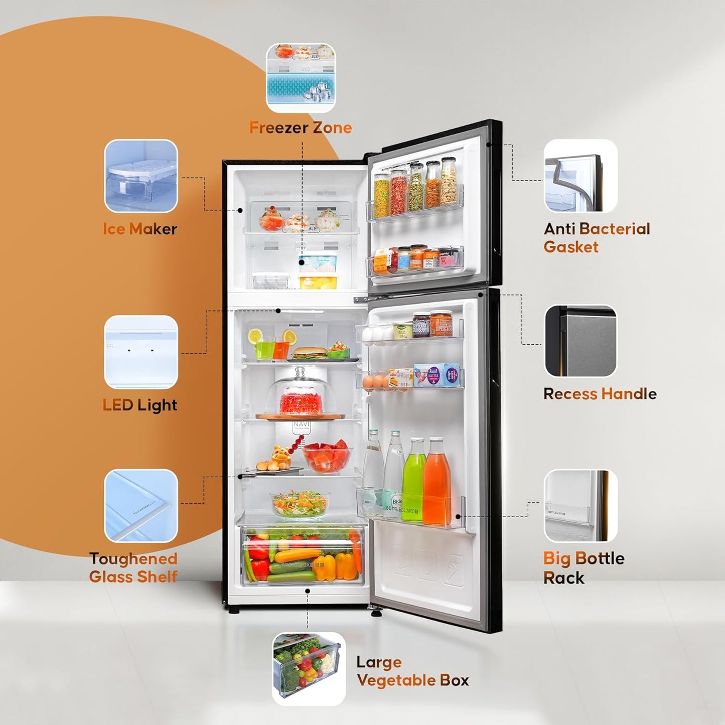 Haier 240L 3 Star Frost Free Top Mount Double Door Refrigerator|5 In 1 Convertible Modes|Twin Inverter|200% Faster Ice Making in 49 Minutes (HEF-253GB-P, GE Black)