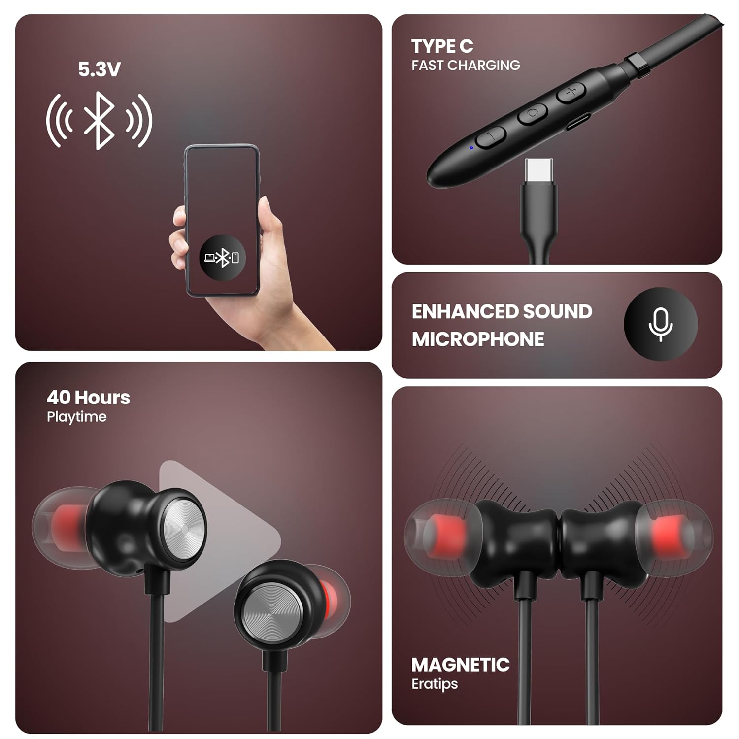 OOGE Tune 15 Wireless Neckband (Black) Bluetooth 5.3, Type-C Fast Charging, 2500h Standby, Magnetic Earbuds, Deep Bass Audio, Lightweight & Comfortable Fit, Sweatproof in-Ear Headphones