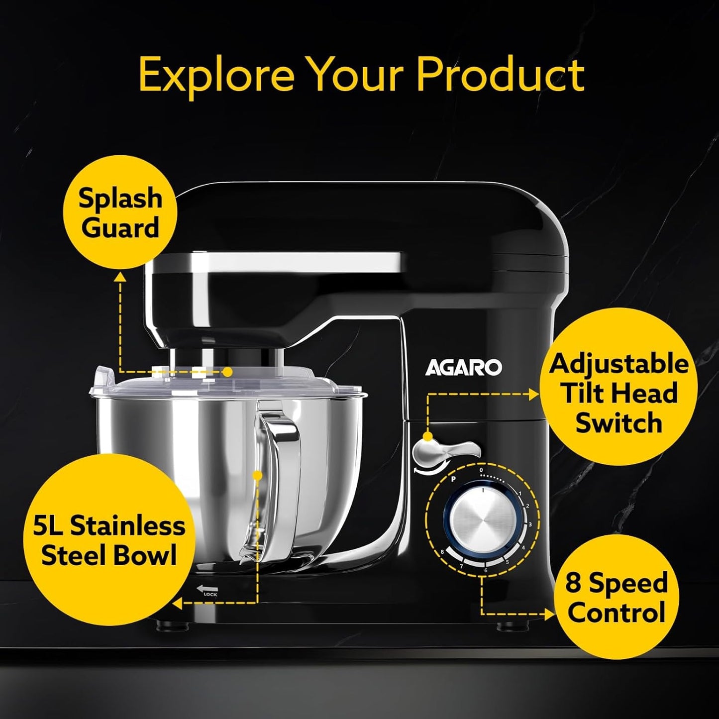 AGARO Royal Stand Mixer 1000W with 5L SS Bowl and 8 Speed Setting I Includes Whisking Cone, Mixing Beater & Dough Hook, and Splash Guard, 2 Years Warranty, (Black)