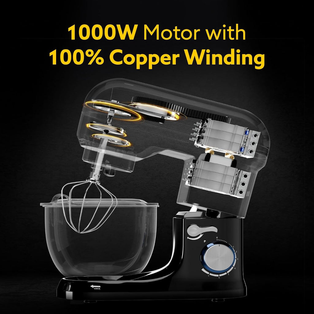 AGARO Royal Stand Mixer 1000W with 5L SS Bowl and 8 Speed Setting I Includes Whisking Cone, Mixing Beater & Dough Hook, and Splash Guard, 2 Years Warranty, (Black)