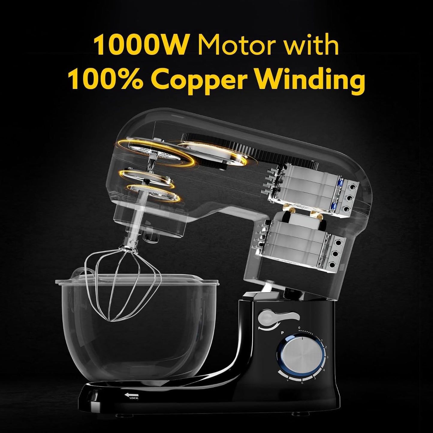 AGARO Royal Stand Mixer 1000W with 5L SS Bowl and 8 Speed Setting I Includes Whisking Cone, Mixing Beater & Dough Hook, and Splash Guard, 2 Years Warranty, (Black)